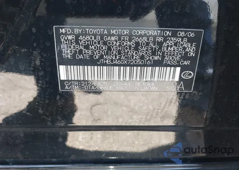 2007 Lexus Es 350 from USA, damaged, VIN JTHBJ46GX72050161